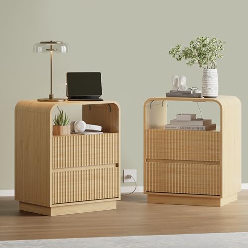 Natural Oak Nightstands Set of 2 with Charging Station, Mid Century Modern End Tables & Bedside Tables, Fluted Wood Small Night Stands with 2 Hidden Drawers and Storage Shelf for Bedroom - color: Natural Oak, style: 2 Drawers-2 PCS