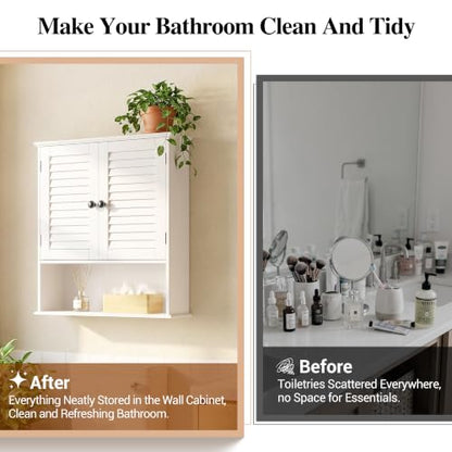 Bathroom Wall Cabinet with Adjustable Shelf, White 25" x 24" Medicine Cabinet with Louvered Doors, Over Toilet Storage Cabinet, Wall Mounted Bathroom Organizer for Bathroom, Laundry Room - size: 24.8" x 23.6" x 8.3"