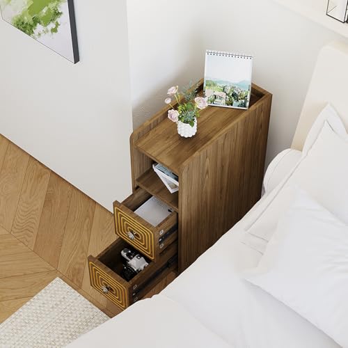 Narrow Nightstands Set of 2, Mid-Century Modern Bedside Table with Carved Drawer and Storage Shelf, Farmhouse Slim Side End Table for Bedroom and Living Room - color: Walnut-narrow Nightstands Set of 2