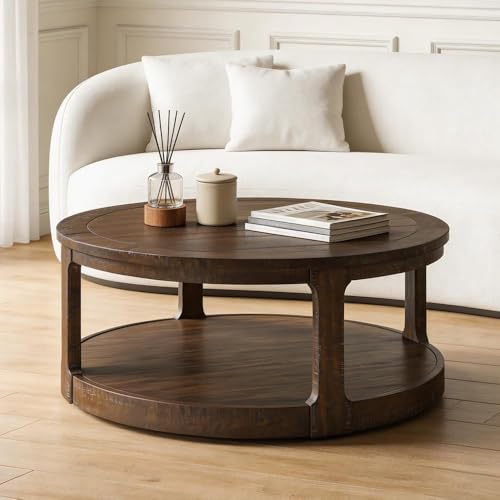 JUSTONE 40" Round Coffee Table for Living Room,2 Tier Traditional Round Circle Wooden Center Coffee Table,Rustic Industrial Coffee Table for Apartment, Easy Assembly (Brown) - color: 40'' Round - Brown