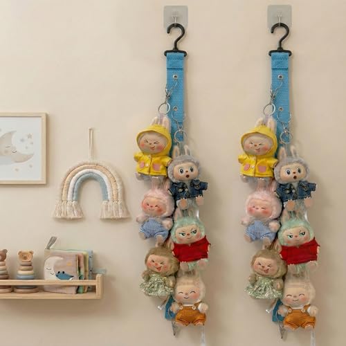 Plush Doll Hanging Storage Rope Display Rack with 8 Clips – Wall Hanging Organizer for Keychain Plushies, Mini Toys– Holds up to 3kg (Blue) - color: Blue