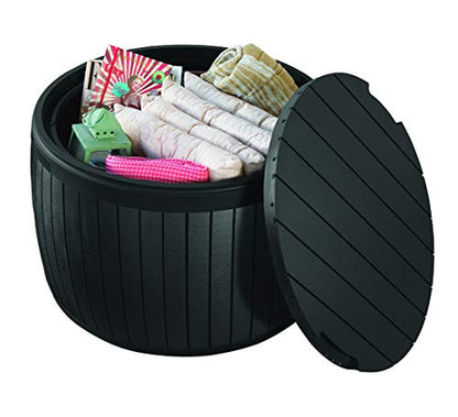 Keter Circa 37 Gallon Wood Panel Style Round Outdoor Deck Box and Storage Table, Grey - color: Grey