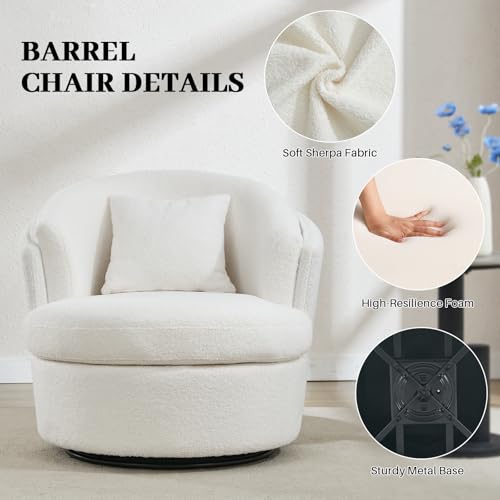 Boucle Swivel Accent Chair, Widened Round Barrel Chair with Pillow | Wide Padded Seat, Upholstered Boucle, Silent 360° Swivel Barrel Armchair for Living Room Bedroom Reading Nook, White - color: White