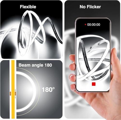 EJ's SUPER CAR COB LED Strip Lights, 4.92FT 3Pack 6000K Cool White Battery Powered LED Strip Lights Timer Dimmable Flexible Cuttable Tape Lights for Cabinet Shelves Bedroom - color: Cool White