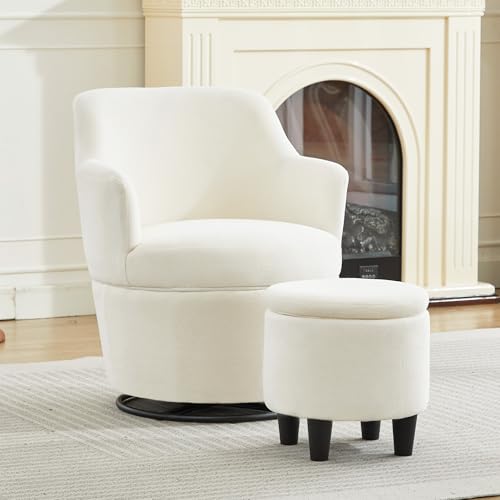 LOULENS Swivel Accent Chair with Storage Ottoman, Small Reading Chair, Beige - color: Beige