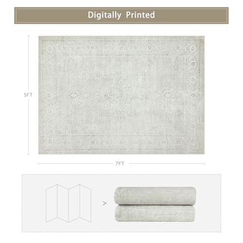 5x7 Washable Area Rugs for Living Room,Bedroom,Dining Room(Concrete Grey) | Neutral,Ultra Soft Faux Wool,Kids & Pet Friendly,Machine Washable,Non-Slip & Non-Shedding,Large Low Pile Vintage Carpets - color: Concrete-grey, size: 5' x 7' (Rectangular)
