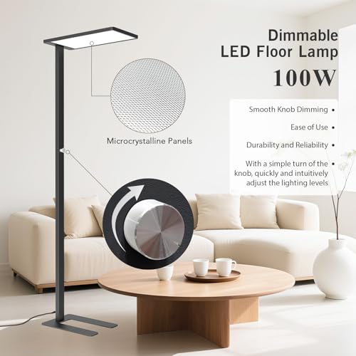 100W LED Floor Lamp, 76.8" Tall Reading Light, 9000LM Knob Dimming Standing Lamp, Full Spectrum Eye Care Reading Lamp, 4000K Natural Daylight for Study Room, Office, Living Room, Bedroom (Black) - color: Black