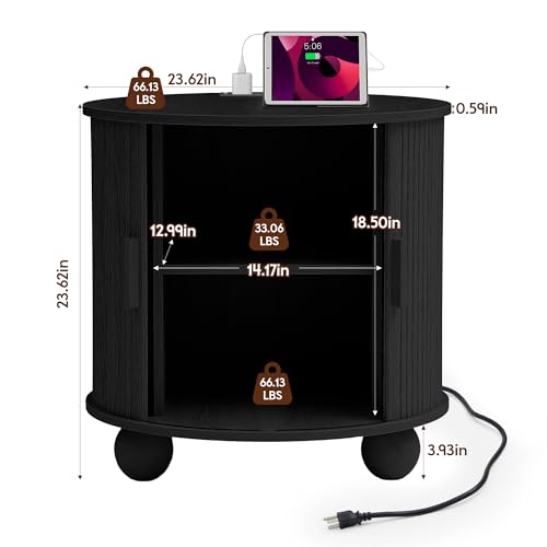24" Round End Table with Charging Station, Fluted Side Table, Black | Farmhouse Sofa Side Tables Living Room, Mid-Century Wood Nightstand with Sliding Tambour Door & Storage, Round End Table - color: Black