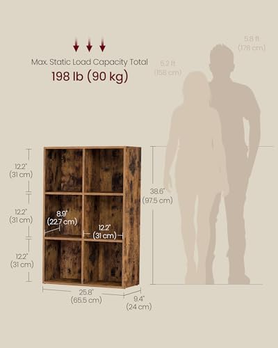 VASAGLE Bookcase Cube Shelf with 6 Compartments, 9.4 x 25.8 x 38.6 Inches | Bookshelf storage shelf, Rustic Brown, CUSTOS Collection, ULBC423K01 - color: Rustic Brown, size: 6 Cubes (9.4"D x 38.6"H), style: 1 Pack