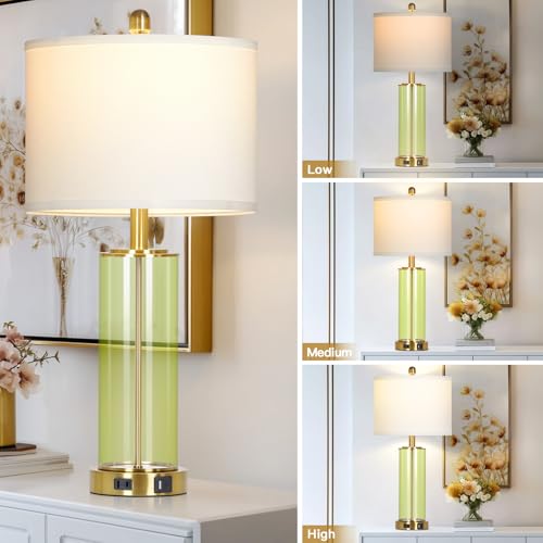 Ruzectt 26" Green Glass Table Lamps for Bedside, Modern Living Room Lamps Set of 2, Elegant Coastal Bedroom Lamp with USB A+C Ports & AC Outlet, 3-Way Dimmable Touch Lamp for Nightstand Dining Table - color: Green