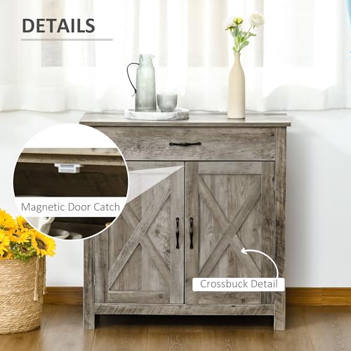 HOMCOM Farmhouse Sideboard Buffet Cabinet Barn Door Gray | Coffee Bar Cabinet, Drawer, Adjustable Shelf, Kitchen, Living Room, Entryway - color: Grey