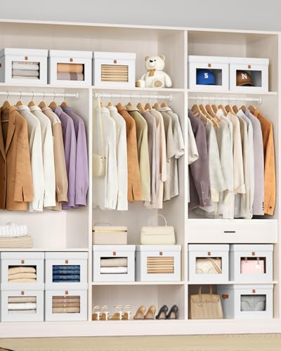 Storage Bins with Lid – Closet Organizer with Side Opening and Clear Window, Foldable Stackable Fabric Basket for Clothes, Home, Office - 13.77" x 11.8" x 9.8", 5 Pack, White - color: White, size: 13.7 Inch-5 Pack
