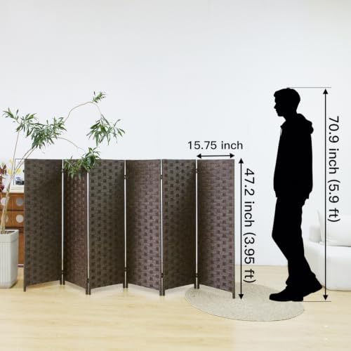 6 Panel Double Sided Short Room Divider for Room Separation, Dark Brown Rattan Folding Privacy Screen, Freestanding Partition Screen for Home Office - 3.95 ft Tall - color: Dark Brown, size: 6 Panel