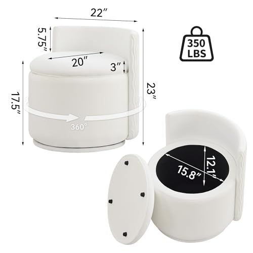 WUTUTUEE Large Velvet Vanity Chair with Storage, 360° Swivel Makeup Chair with Wave Back, No Assembly Small Accent Stool for Bedroom, Dressing, Living Room, White - color: White, size: Large