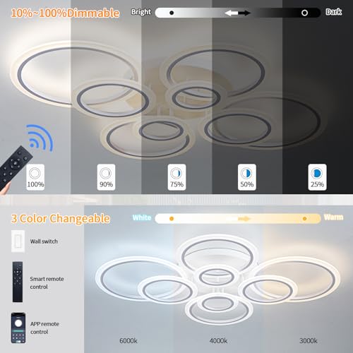 Shine LUEST Modern LED Ceiling Light, Dimmable LED Chandelier Flush Mount Ceiling Lights, Remote Control Acrylic Ring Ceiling Lamp Fixture for Living Room Dining Room Bedroom (White, 8 Rings) - color: White, 8 Rings