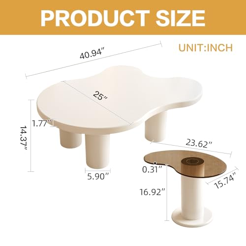 Modern Nesting Coffee Table Set of 2 Irregular Cloud Shape Cream White Center Table Space Saving eAccent Tables for Living Room Apartment Bedroom Office Minimalist Decor