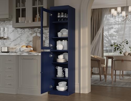 Solid Wood Kitchen Pantry - Narrow Storage Cabinet - 16.5" Wide x 71.5" Tall - 1 Raised Panel & 1 Glass Door, Navy Blue, Adjustable Shelves, 100% Eco-Friendly Wood, Modular Cabinets - color: Navy Blue, style: Clear Glass Top Door / Raised Panel Bottom Doo
