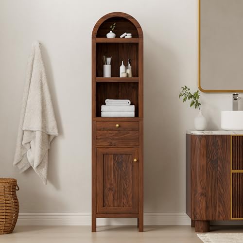 67" Tall Arched Bathroom Narrow Cabinet with Adjustable Shelf, Freestanding Tower Storage Cabinet with Door and Drawer, Farmhouse Space Saving Organizer for Kitchen, Living Room, Brown - color: Brown, size: 1 PC
