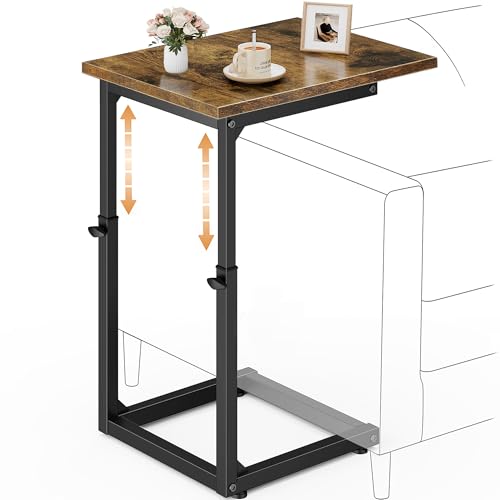 C-Shaped End Table for Couch, 33" Tall C Table Adjustable Height Side Table, Couch Side Tables with Metal Frame Slide Under Sofa, Sofa Table TV Tray for Living Room, Bedroom, Bedside, Brown - color: Rustic Brown, style: Ordinary