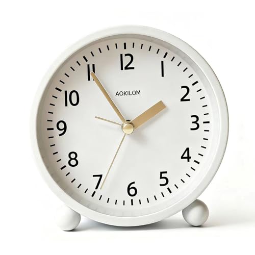 Analog Alarm Clock, Non-Ticking Silent Travel Small Clock, Battery Operated with On-Demand Light, Easy Set Gentle Wake, Ideal Decor for Bedroom, Bedside, Desk,Office(White)