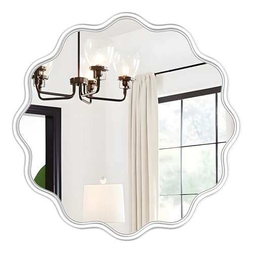 PROHOMEWARE White Round Mirror 24 Inch Wavy Bathroom Vanity Mirror White Frame Modern Wall Mirror Decorative Wall-Mounte Anti-Rust, Tempered Glass - color: White, size: 24"L x 24"W