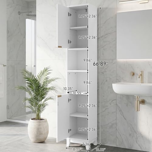 VINGLI White Fluted Tall Narrow Bathroom Cabinet, 67" Slim Freestanding Storage Cabinet for Small Spaces, Wood Linen Tower Floor Cabinet with 2 Doors, Open Shelves & Soft-Close Hinges
