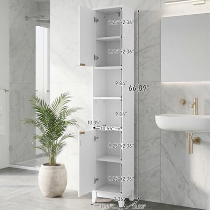 VINGLI White Fluted Tall Narrow Bathroom Cabinet, 67" Slim Freestanding Storage Cabinet for Small Spaces, Wood Linen Tower Floor Cabinet with 2 Doors, Open Shelves & Soft-Close Hinges