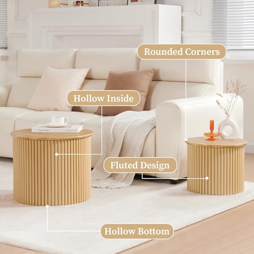 Round Nesting Coffee Table Set of 2, Small Fluted Coffee Table Circle Side Table, Boho Modern Wood Nesting Tables Farmhouse End Table Set for Living Room, Bedroom, Small Spaces(Natural) - color: Wood, size: Small-Fluted