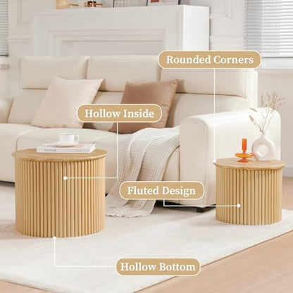 Round Nesting Coffee Table Set of 2, Small Fluted Coffee Table Circle Side Table, Boho Modern Wood Nesting Tables Farmhouse End Table Set for Living Room, Bedroom, Small Spaces(Natural) - color: Wood, size: Small-Fluted