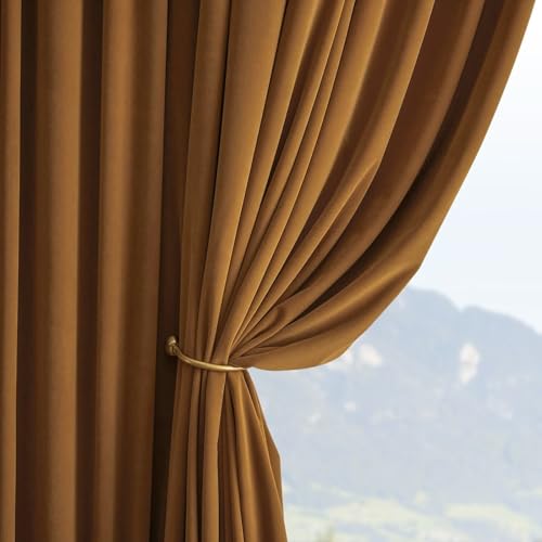 Joydeco Camel Brown Velvet Curtains 63 inch Length 2 Panels, Luxury Blackout Rod Pocket Thermal Insulated Window Curtains, Super Soft Room Darkening Drapes for Living Room Bedroom,W52 x L63 inches - color: Rod Pocket | Camel Brown, size: 52"W x 63"L (Pack