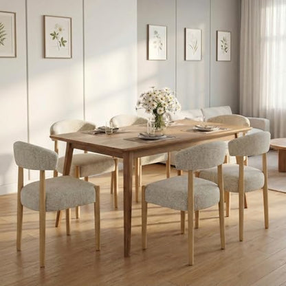 VKNOW Wooden Dining Chairs Set of 6 with Rubberwood Legs, Curved Backrest | Modern Upholstered Dining Chairs with Thickened Cushion, Soft Chenille Fabric, for Dining Room/Kitchen, Heathered Off-White - color: Heathered Off-white, size: Set of 6