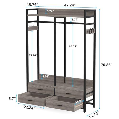 Tribesigns Freestanding Closet Organizer for Hanging Clothes, Heavy Duty Garment Rack with 4 Drawers, 8 Hooks and Storage Shelves, Wardrobe Closet Clothing Rack for Bedroom, Living Room, Grey - color: Gray