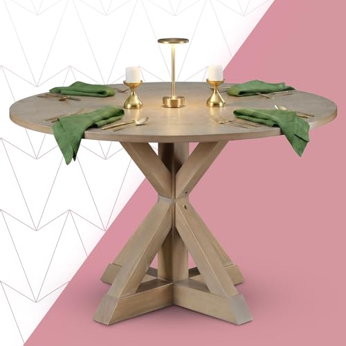 Alfred 46.5 Inch Round Dining Table for 4, Solid Wood Farmhouse Kitchen Table with Distressed Beige Finish and Pedestal Trestle Base