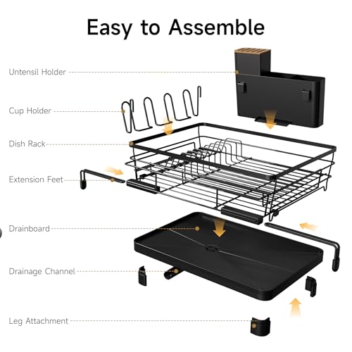 Runnatal Dish Drying Rack - Expandable Large Dish Rack Over Sink | Drying Dish Drainer for Kitchen Counter, Stainless Steel Dish Strainer with Utensil Holder & Cup Holder, Black - color: Black