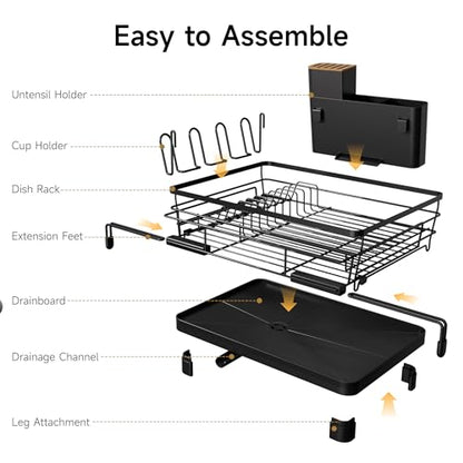 Runnatal Dish Drying Rack - Expandable Large Dish Rack Over Sink | Drying Dish Drainer for Kitchen Counter, Stainless Steel Dish Strainer with Utensil Holder & Cup Holder, Black - color: Black