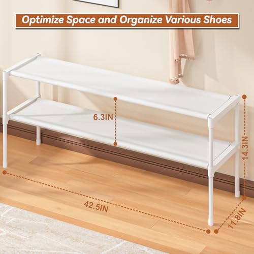 Extra Long Shoe Rack 2 Tier Wide Shoe Storage Organizer | Sturdy Durable Shoes Rack for Closet, Entryway, Dorm, Save Space Stackable Shoe Shelf Stand Holder - color: White, size: 2Tier 14.3"H