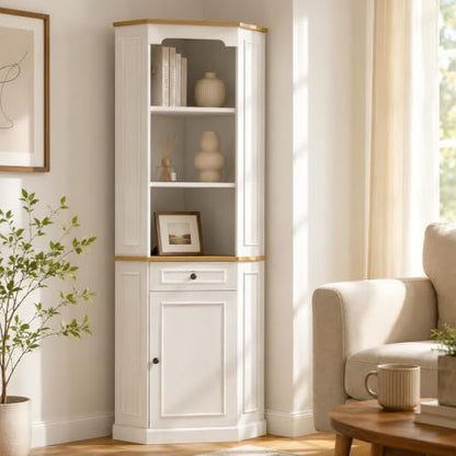 68" Tall Corner Cabinet with Adjustable Shelves | Bar Storage Cabinet with Drawer & Door, Freestanding Wood Corner Bookshelf for Bathroom, Living room, Dining room & Kitchen