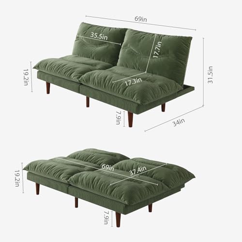DreamDashio Futon Sofa Bed, 69 inch Futon Couch with Adjustable Backrest, Corduroy Convertible Sleeper Sofa Bed, Folding Sleeper Recliner for Apartment, Living Room, Office, Green - color: Green