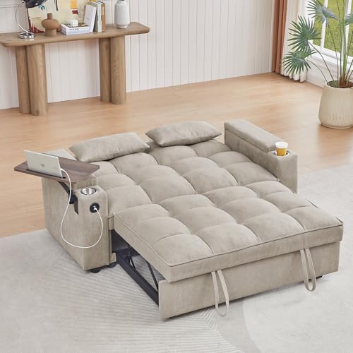 65" Cloud Couch Sleeper Sofa Bed with USB Charging Port & Side Pocket, Chenille Fabric Pull-Out Sofa with Thick Cushions, High Resilience Foam & Pillows for Living Room, Apartment, Small Spaces - color: C-brown