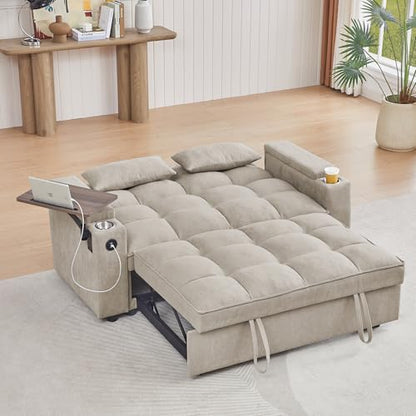 65" Cloud Couch Sleeper Sofa Bed with USB Charging Port & Side Pocket, Chenille Fabric Pull-Out Sofa with Thick Cushions, High Resilience Foam & Pillows for Living Room, Apartment, Small Spaces - color: C-brown