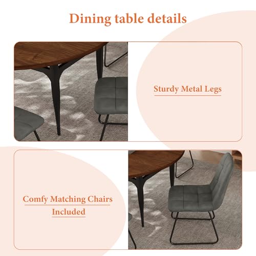 HIPIHOM 55‑Inch Extendable Dining Table Set with 6 Upholstered Chairs and Metal Frame for Dining Room - color: Walnut/Grey