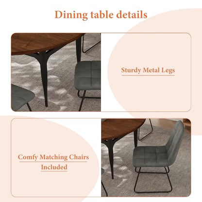 HIPIHOM 55‑Inch Extendable Dining Table Set with 6 Upholstered Chairs and Metal Frame for Dining Room - color: Walnut/Grey