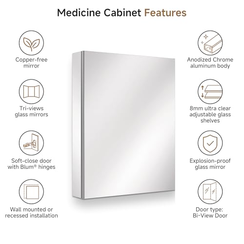 24" x 30" Bathroom Medicine Cabinet with Mirror, Recessed or Wall Mount | Medicine Cabinets with Adjustable Glass Shelves, Soft-Closed Hinge, Chrome Aluminum Frame, Reverse Installation - size: 24" x 30"