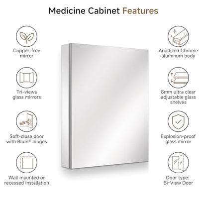 24" x 30" Bathroom Medicine Cabinet with Mirror, Recessed or Wall Mount | Medicine Cabinets with Adjustable Glass Shelves, Soft-Closed Hinge, Chrome Aluminum Frame, Reverse Installation - size: 24" x 30"