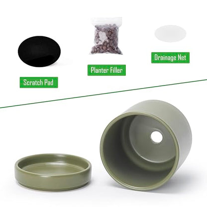 D'vine Dev 2-Pack Ceramic Pots with Saucers, Olive, 3.5 in, 94-V-A-J | Modern Cylinder Design, Glazed Ceramic, Drainage Hole & Saucer Included, High Temperature Fired, Elegant Home Accent - color: Olive, size: 3.5 Inch