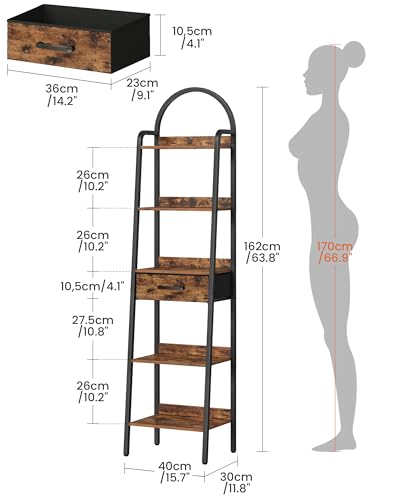5 Tier Ladder Shelf with Drawer, Tall Ladder Bookshelf, Standing Bookcase with Metal Frame for Living Room, Bathroom, Home Office, Study, Balcony, Rustic Brown and Black TCJ07BF - color: Rustic Brown and Black