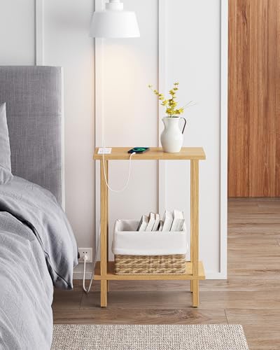 TUTOTAK Narrow Side Table, 2-Tier Small End Table with Charging Station | Skinny Sofa Table, Slim Nightstand, Easy Assembly for Living Room, Bedroom, Natural TB01BN060 - color: Natural, size: 2-tier