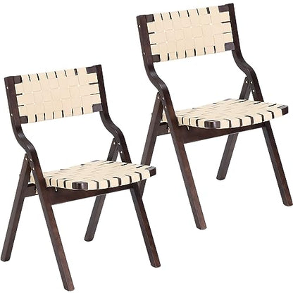 Wood Folding Chairs, Foldable Chairs Wooden Indoor Stackable Dining Chairs for Kitchen & Dining Room Chair Woven Seat & Webbing Back, Dining Chair Set of 2 - color: Brown Walnut/Beige, Pu Leather
