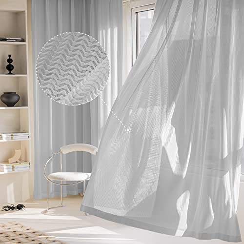 Jacquard 2 Panels Set Sheer Curtains 84 inch Length, Semi Sheer Grommet Solid Casual Soft Voile Drapes with Light Filter Window Treatments for Bedroom Living Room, Light Gray, 52" W x 84" L | Jacquard Semi Sheer Grommet Solid Casual Soft Voile Drapes with