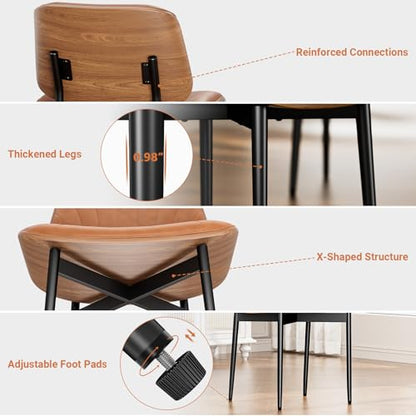 YaFiti Mid Century Dining Chairs Set of 2 with Walnut Bentwood, Light Tan | Ergonomic Walnut Backrest, Upholstered Waterproof PU Leather Seat, Stable Metal Legs, Adjustable Footpads, Apartment Friendly - color: Light Tan Scallop